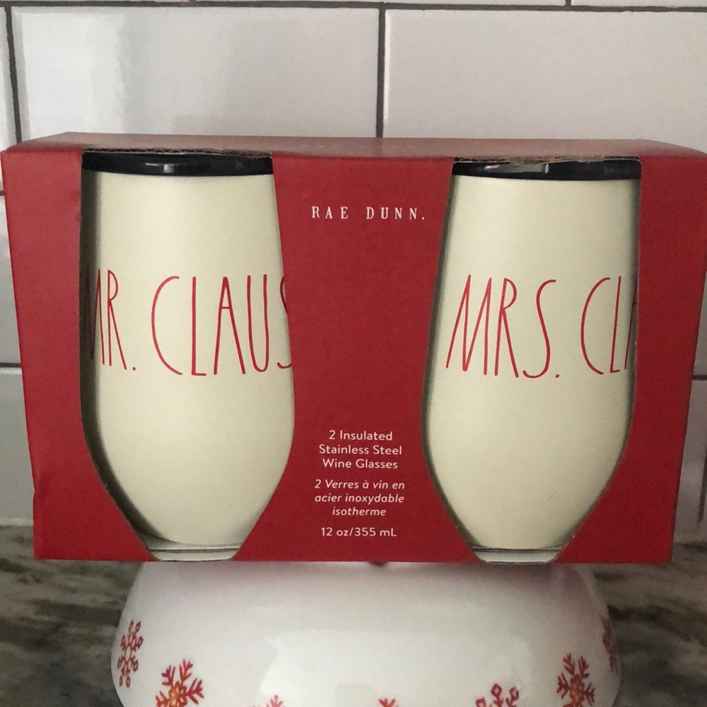Rae Dunn 2 insulated stainless steel tumblers with lids. Mr. Claus & Mrs. Claus